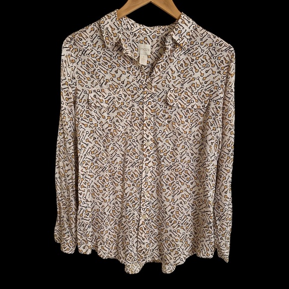 Chicos size 1 Medium Keys Print Button Up Long Sleeve Blouse Top Key Gold White - Picture 3 of 8